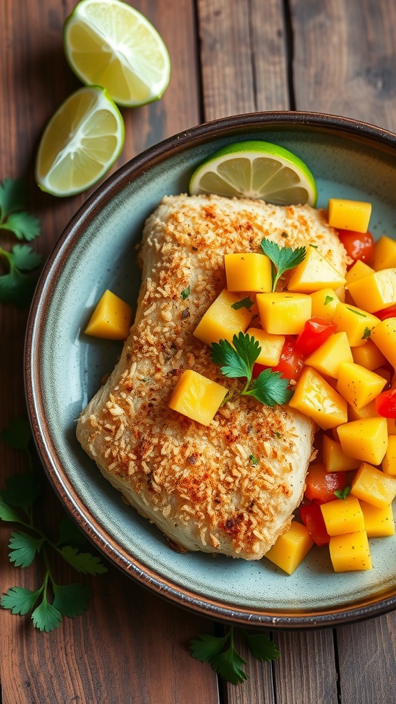 Coconut crusted mahi mahi fillet with tropical salsa of mango and pineapple on a rustic table.